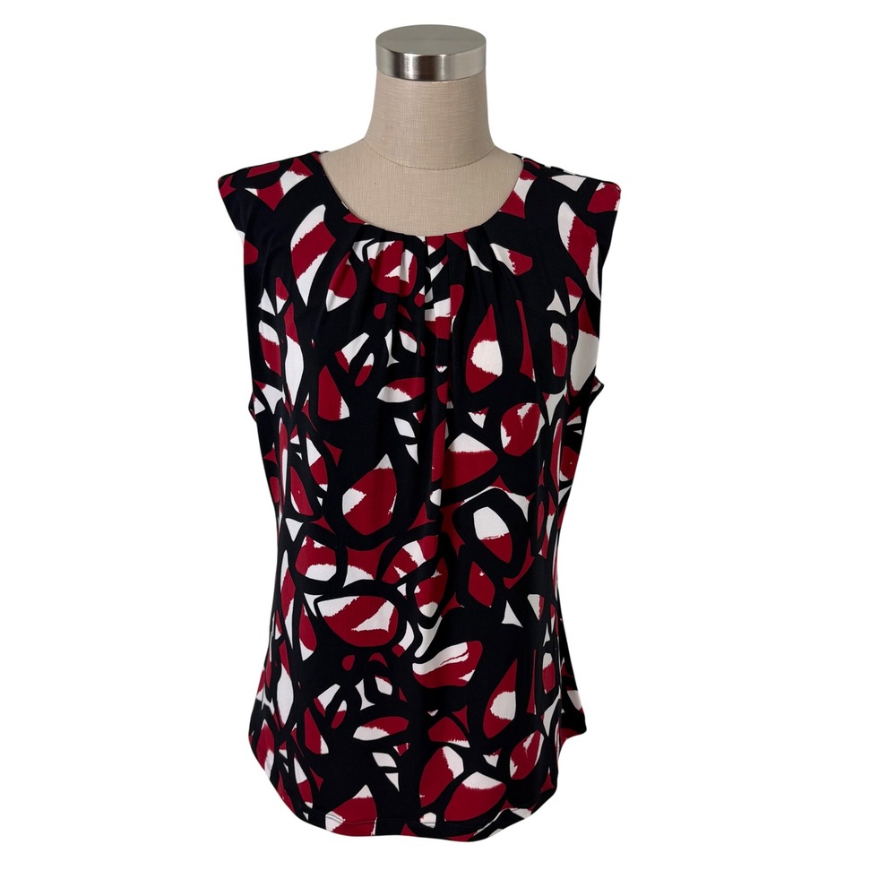 New Calvin Klein Red Black Abstract Print Pleated Shell Blouse Women's L NWT